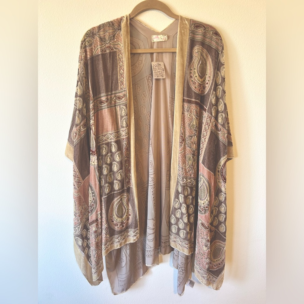 Free People Imogen Patchwork Velvet Kimono Paisley Burnout Boho OS